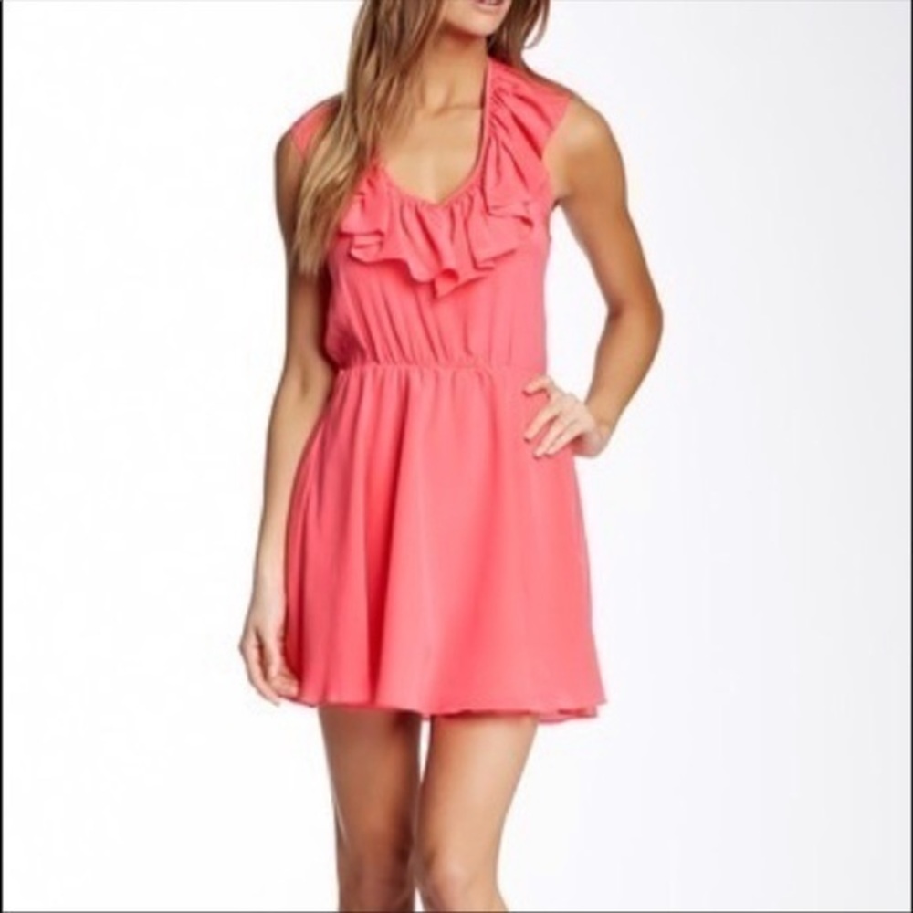 AMANDA UPRICHARD SILK RUFFLE HALTER PEACH PINK SOFT GIRL DRESS FAUX WRAP FRONT